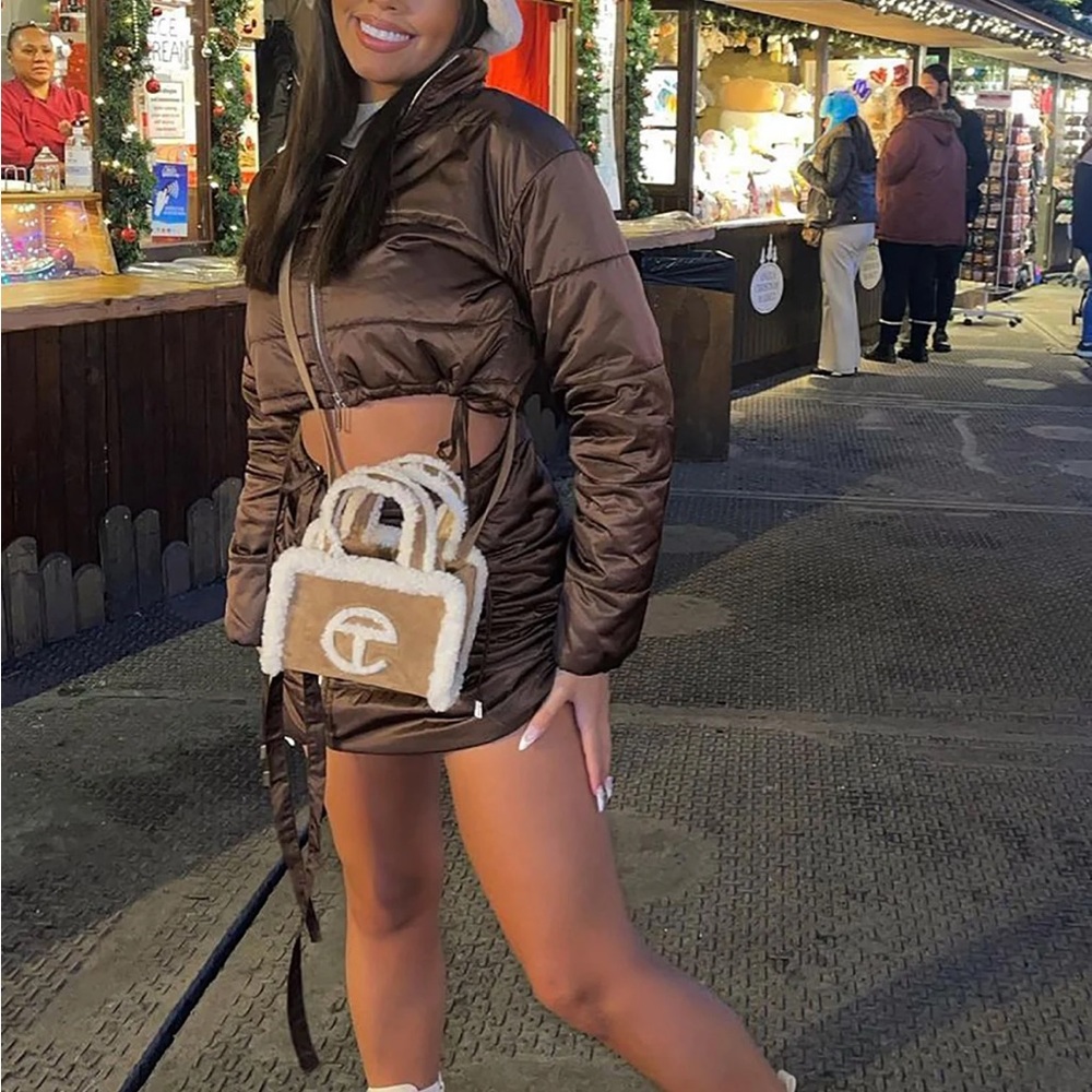 New With Tags Fashion Nova Clarissa Brown Puffer Skirt Set size small